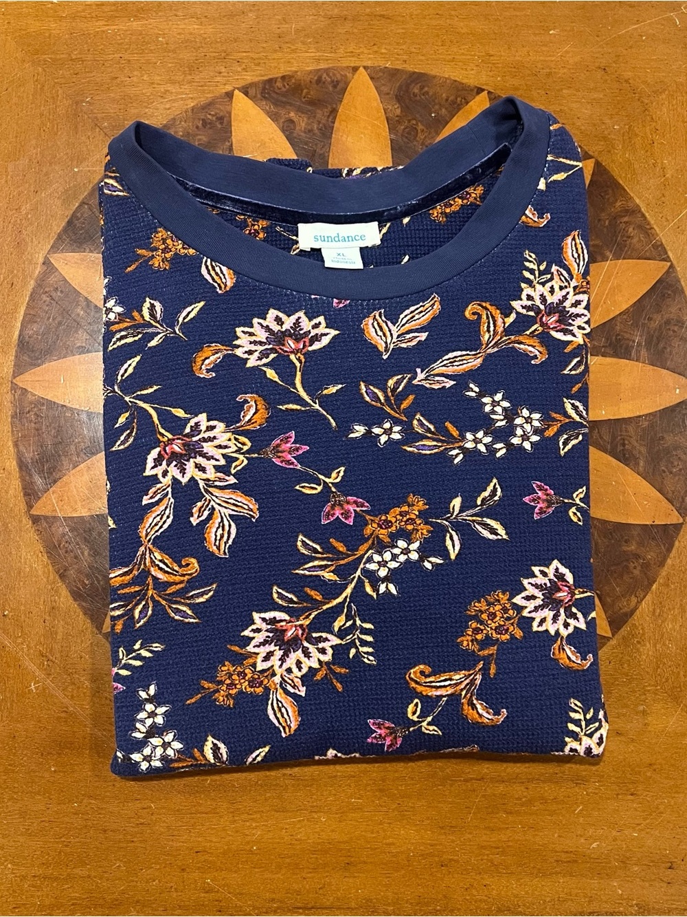 Sundance Loretta Cobalt Blue Floral Long-Sleeve Waffle Thermal XL Crewneck Boho - Picture 4 of 16